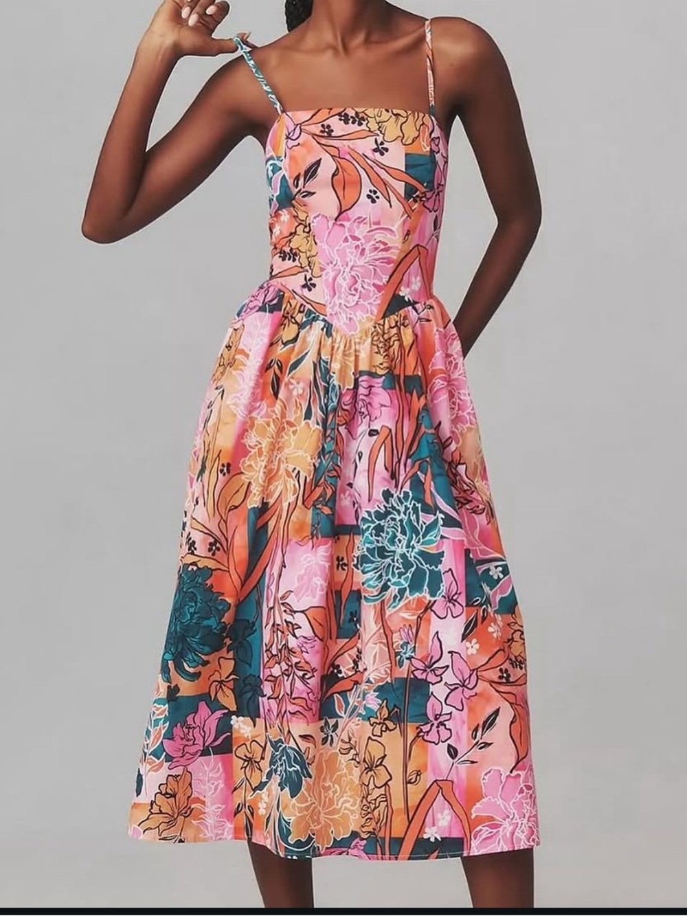 Tulip Creations pink blue floral midi dress size XL pointed basque waist